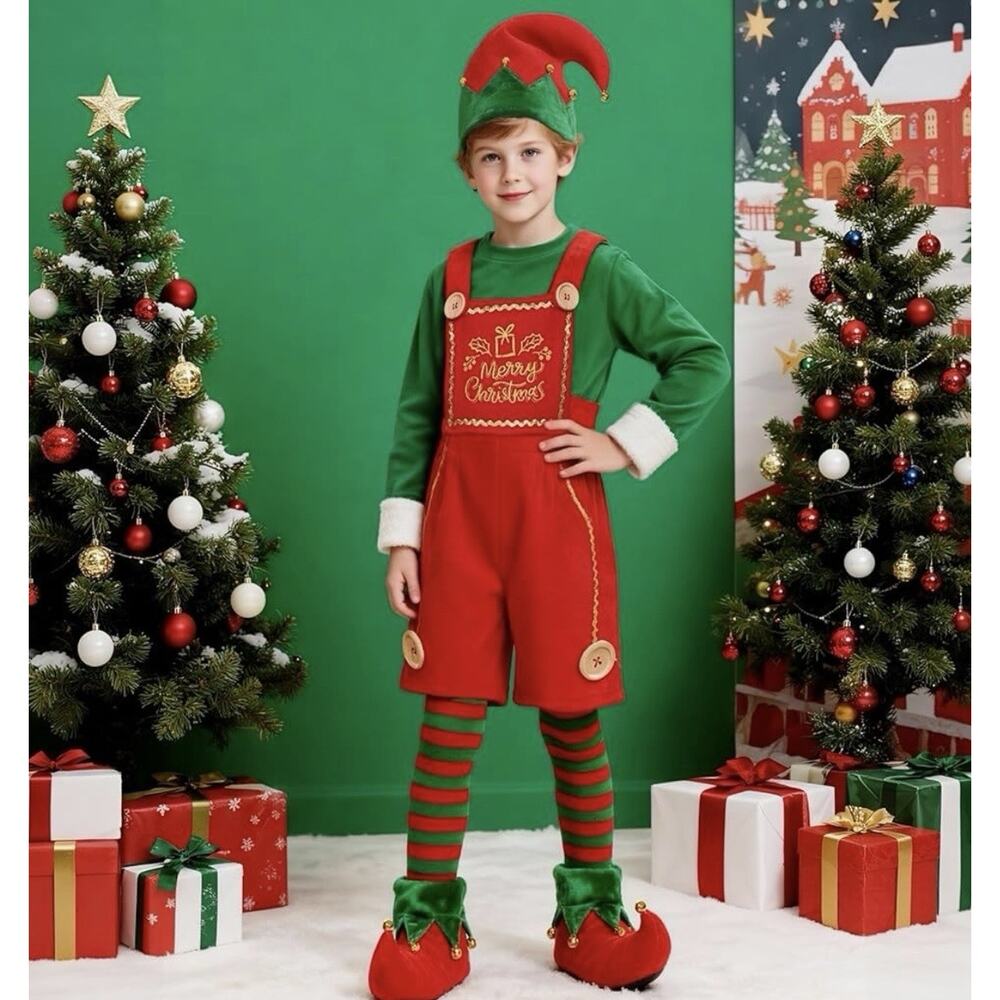 Kids Christmas Elf Costume Set 7-8 Years Red Green Hat Shoes Socks - Picture 4 of 9